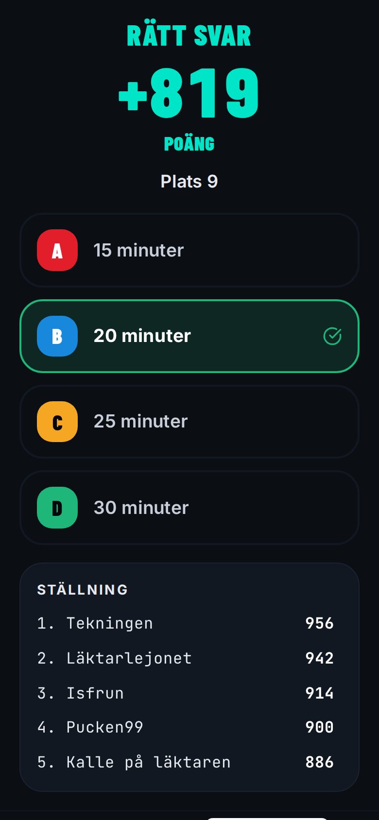 Mobilen visar rätt svar, poängen för frågan och ställningen.